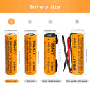 HIBATT 14500 battery dimensions diagram showing 14mm diameter and 50mm height specifications for flat top and button top versions