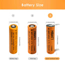 HIBATT 14500 battery dimensions diagram showing 14mm diameter and height specifications for flat top 49.5mm, button top 51mm and nickel tabs versions