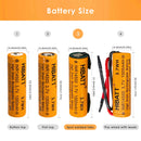 HIBATT 14500 battery dimensions diagram showing 14mm diameter and 50mm height specifications for flat top and button top versions