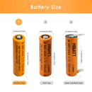 HIBATT 14500 battery dimensions diagram showing 14mm diameter and height specifications for flat top 49.5mm, button top 51mm and nickel tabs versions