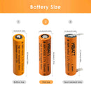 HIBATT 14500 battery dimensions diagram showing 14mm diameter and height specifications for flat top 49.5mm, button top 51mm and nickel tabs versions