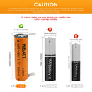 HIBATT 14500 battery flat top 49.5mm, button top 51mm and nickel tabs comparison showing terminal types and configurations