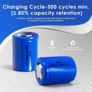  Diagram showing the 2000mAh capacity and 500 recharge cycles of the HiBatt 26350 unprotected flashlight battery