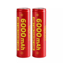 Two Vapcell F60 21700 6000mAh 12.5A flat top rechargeable batteries side by side on white background.