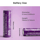 Close-up of a single Vapcell S50 21700 battery showing S50 model number and 5000mAh capacity.