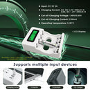 Delipow 4‑bay LCD charger powered via USB‑C from laptop, power bank, and wall adapter