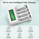 Delipow 4‑bay LCD charger safety icons – overcharge, short circuit, overheat, reverse polarity