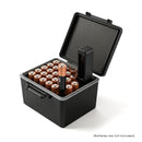 Battery storage box with built-in voltage tester – organizer case open with AA, AAA, 18650, 21700 batteries inserted