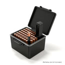 Battery storage box with built-in voltage tester – organizer case open with AA, AAA, 18650, 21700 batteries inserted