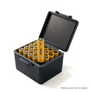 Battery storage box with built-in voltage tester – organizer case open with AA, AAA, 18650, 21700 batteries inserted