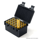 Battery storage box with built-in voltage tester – organizer case open with AA, AAA, 18650, 21700 batteries inserted