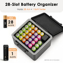 Digital battery tester on the lid of the storage box – reading 1.5V for an AA battery