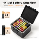 Digital battery tester on the lid of the storage box – reading 1.5V for an AA battery