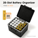 Digital battery tester on the lid of the storage box – reading 1.5V for an AA battery