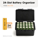Digital battery tester on the lid of the storage box – reading 1.5V for an AA battery