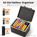 Digital battery tester on the lid of the storage box – reading 1.5V for an AA battery