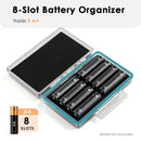 Closed battery organizer case with sturdy latch – size compared to a smartphone