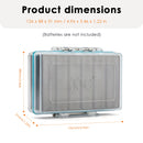 Battery organizer case open on a workbench next to flashlights and chargers