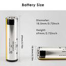 Panasonic NCR18650BD 3200mAh battery detailed dimensions showing Flat Top 65mm, Button Top 67mm, and Protected Button Top 69mm lengths, 18mm diameter, with 3.7V nominal voltage and 10A discharge specs.