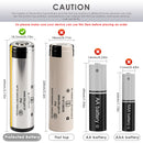 Panasonic NCR18650BD battery terminal guide showing Flat Top (65mm), Button Top (67mm), and Protected Button Top (69mm) options. Button Top adds ~2mm; Protected version adds ~4mm with built-in safety board.