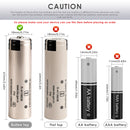 Panasonic NCR18650BD battery terminal guide showing Flat Top (65mm), Button Top (67mm), and Protected Button Top (69mm) options. Button Top adds ~2mm; Protected version adds ~4mm with built-in safety board.