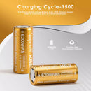 Vapcell 6200mAh 26650 batteries with small magnetic button top spacers displayed next to them.