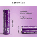 Digital multimeter reading 3.6V on a Vapcell 5000mAh 21700 battery before use.