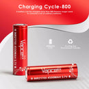 Infographic showing Vapcell F45 21700 battery providing 20 amps of power to a high-drain LED emitter.