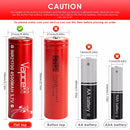 Vapcell F45 21700 battery stored in a waterproof case with a small diffuser light for emergency use.