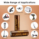 Four Vapcell K40 21700 batteries connected in parallel using copper braid for high current capacity.