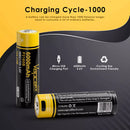 Close-up view of Vapcell P2160B 21700 battery showing the USB-C charging port on the side of the cell.