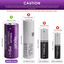Vapcell P54 26650 battery charging in a universal charger with adjustable sliders for 26650 size.