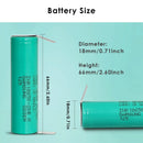 INR18650-20R4 battery dimensions – 65mm height x 18.2mm diameter, standard 18650 size with detailed measurement diagram.