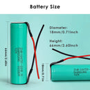 INR18650-20R4 battery dimensions – 65mm height x 18.2mm diameter, standard 18650 size with detailed measurement diagram.