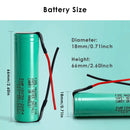 Samsung INR18650-20R4 battery dimensions diagram showing 18.4mm diameter and 65mm height specifications