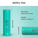 INR18650-20R4 battery dimensions – 65mm height x 18.2mm diameter, standard 18650 size with detailed measurement diagram.