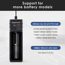 Keeppower K1 charger compatible battery list including Li-ion 26700, 26650, 21700, 18650, 16340, 10440 and NiMH AA, AAA, A, SC, C, F6.