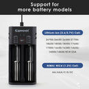 Keeppower K2 dual-slot charger compatible battery list including Li-ion 26700, 26650, 21700, 18650, 16340 and NiMH AA, AAA, A, SC, C, F6.