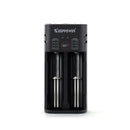 Keeppower K2 dual-slot USB-C universal battery charger with adjustable 0.5A/1A/2A current, charging 18650 Li-ion batteries. Batteries NOT included.