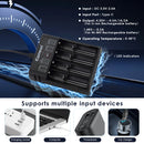 Keeppower K4 4-slot charger featuring adjustable 0.5A, 1A, and 2A charging current, independent 5-level LED power indicators per slot, and USB Type-C input.