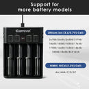 Keeppower K4 4-slot charger compatible battery list including Li-ion 26700, 26650, 21700, 18650 and NiMH AA, AAA, A, SC, C, F6.