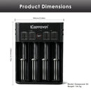 Keeppower K4 4-slot charger compact footprint with 4 wide bays, easily accommodates four long protected 21700 batteries up to 74.8mm length at once.