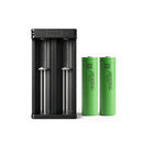 LG INR18650-MJ1 3500mAh button top 2-pack with XTAR MC2 dual-slot USB charger – high-capacity power kit for flashlights, vapes, and drones.