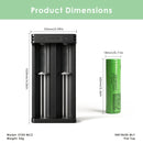 LG MJ1 flat top – 65mm x 18.3mm. XTAR MC2 charger – 90mm x 44mm x 30mm.