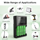 Four LG MJ1 flat top batteries charging in XTAR VC4SL – powering EDC flashlights, camping gear, and portable devices.