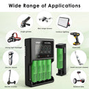 Six LG MJ1 flat top batteries with VC4SL and MC1 chargers – powering EDC flashlights, camping lights, and portable devices.