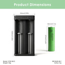 LG MJ1 – 65mm x 18.3mm. XTAR MC2 charger – 90mm x 44mm x 30mm.