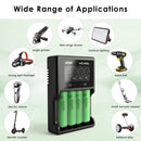 Four LG MJ1 batteries charging in XTAR VC4SL – powering flashlights, power stations, and vapes.