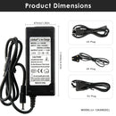 LiitoKala 12.6V 3A charger detailed dimensions measuring 112mm length by 47mm width by 30mm height, with input voltage and output current specifications.