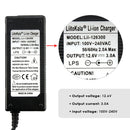 LiitoKala 12.6V 3A charger technical specifications: Model Lii-126300, Input 100-240V AC, Output 12.6V DC 3.0A, DC 5.5×2.1mm plug, dimensions 112×47×30mm, CE RoHS certified. Suitable for 3S Li-ion battery packs.